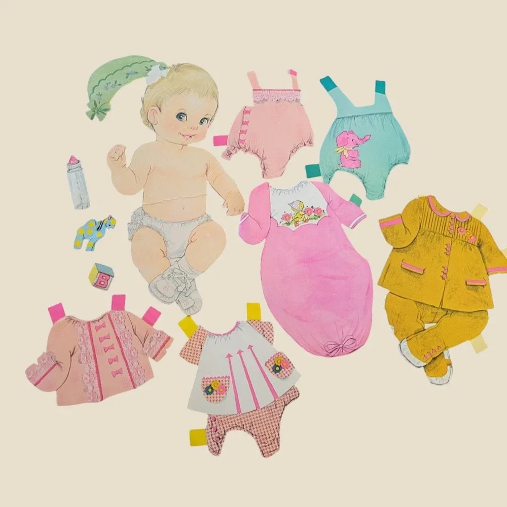 Vintage Paper Doll Set Large Baby 15 Inch Retro Nursery Collectible Pink Yellow